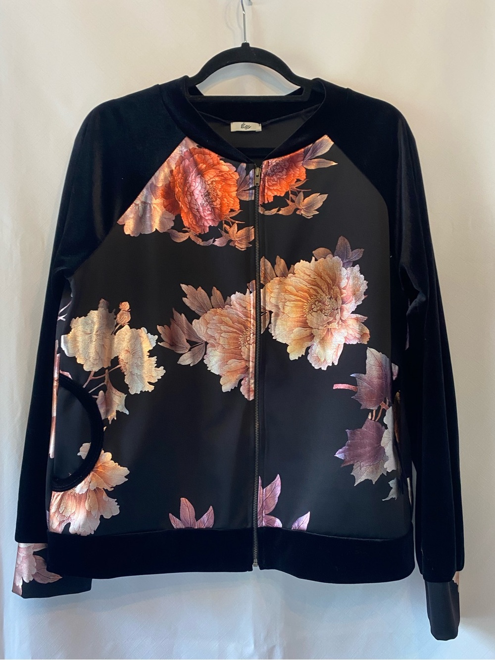 Women's Dark Cottagecore Velvet Iridescent  Large Scale Floral Bomber Jacket MD